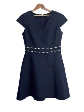 Karl Lagerfeld Paris Navy Tweed Mini Dress Pearl Waist V Neck Size 8